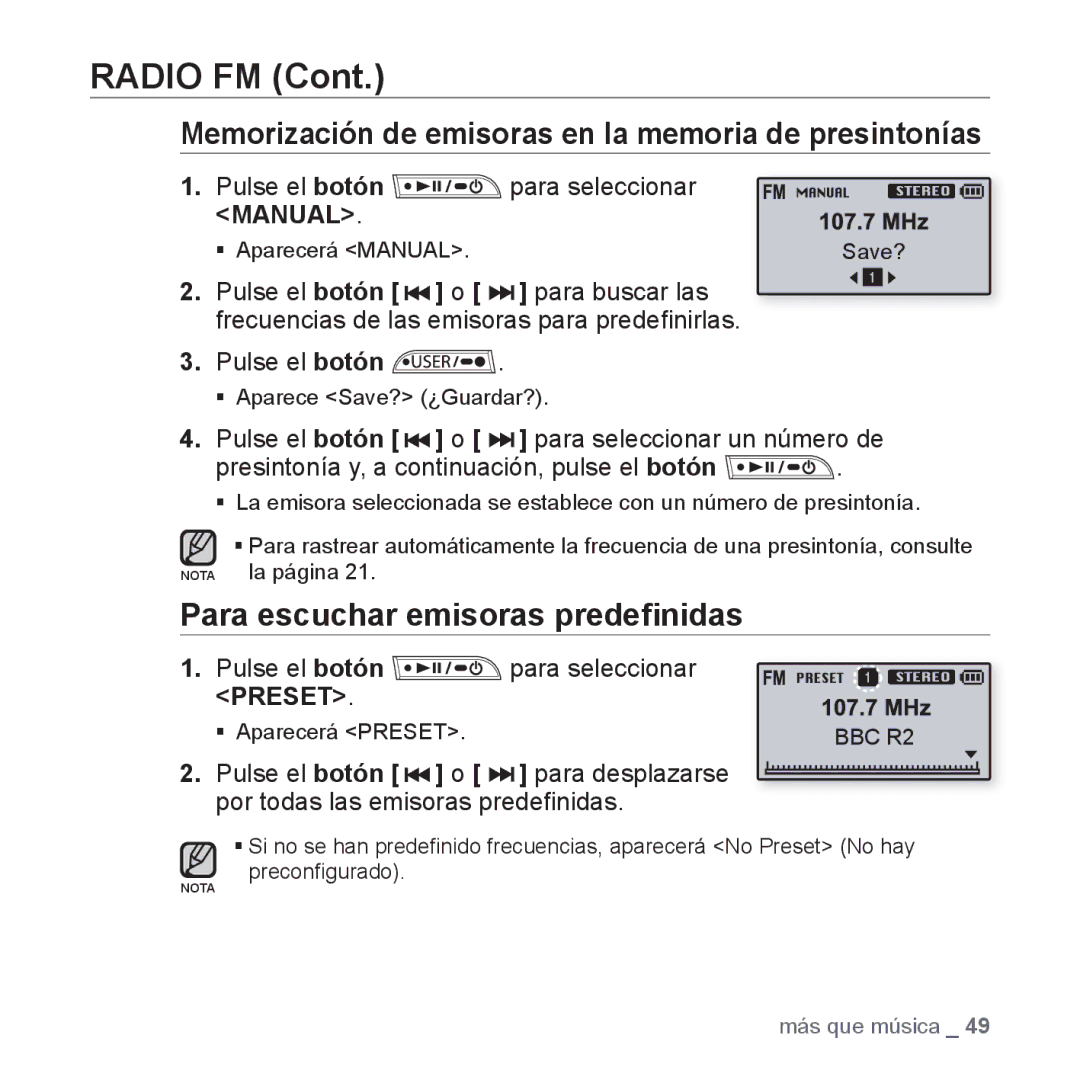 Samsung YP-U3JQL/XET manual Memorización de emisoras en la memoria de presintonías, Para escuchar emisoras predeﬁnidas 