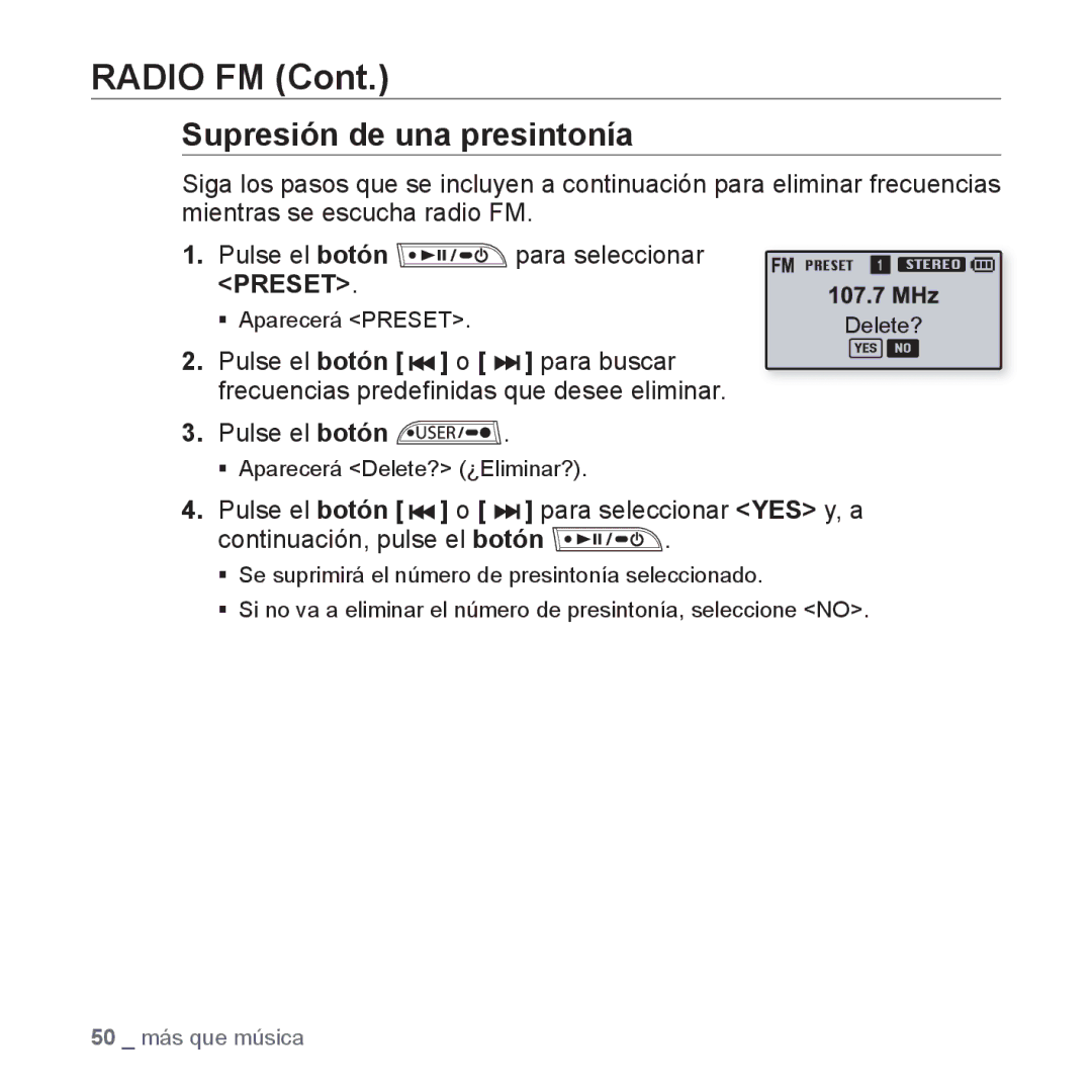 Samsung YP-U3JZP/XET, YP-U3ZB/XET, YP-U3JQL/XET, YP-U3JQW/XET, YP-U3JZL/XET, YP-U3JAB/XET manual Supresión de una presintonía 