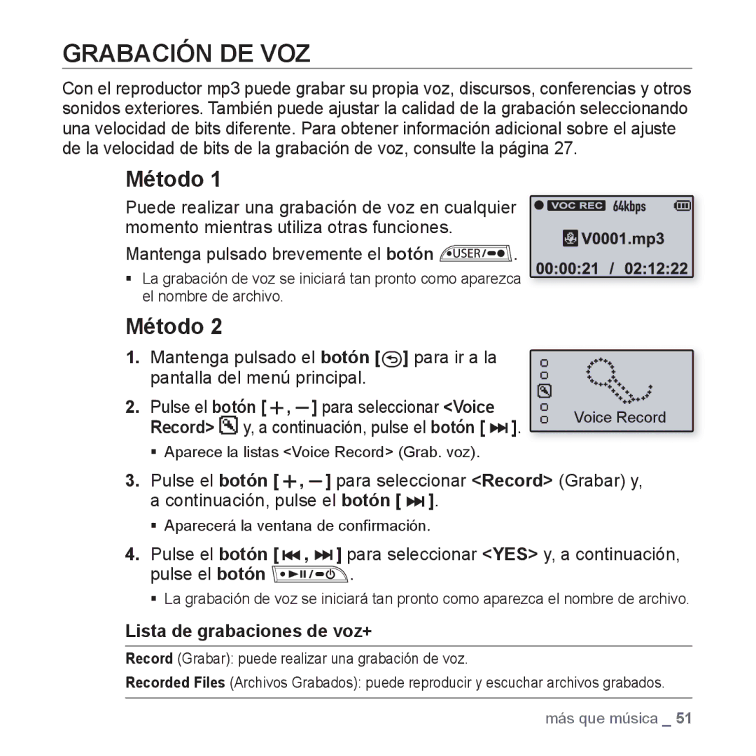 Samsung YP-U3JQW/XET, YP-U3ZB/XET Grabación DE VOZ, Método, Para seleccionar Voice, Record Continuación, pulse el botón 