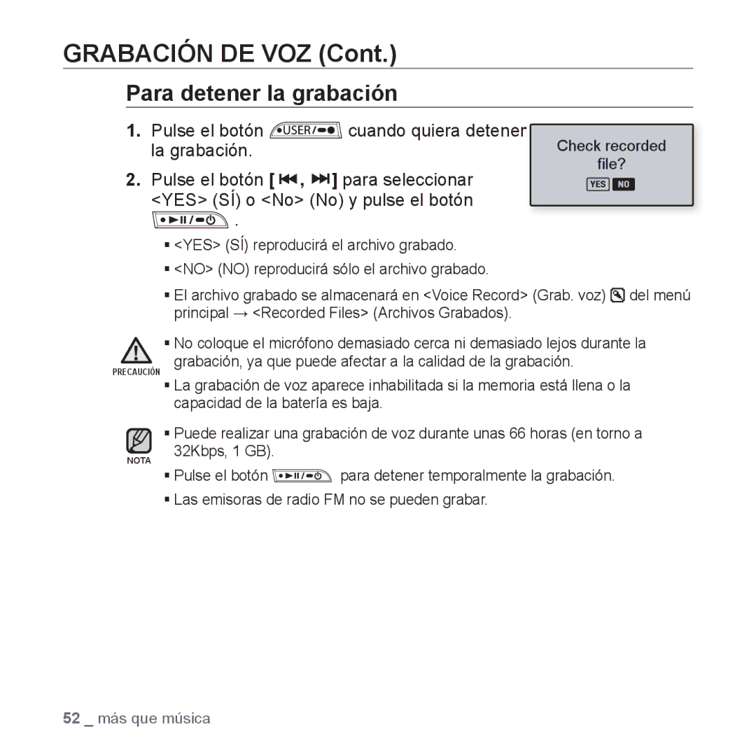 Samsung YP-U3JZL/XET, YP-U3ZB/XET, YP-U3JQL/XET, YP-U3JZP/XET, YP-U3JQW/XET manual Grabación DE VOZ, Para detener la grabación 