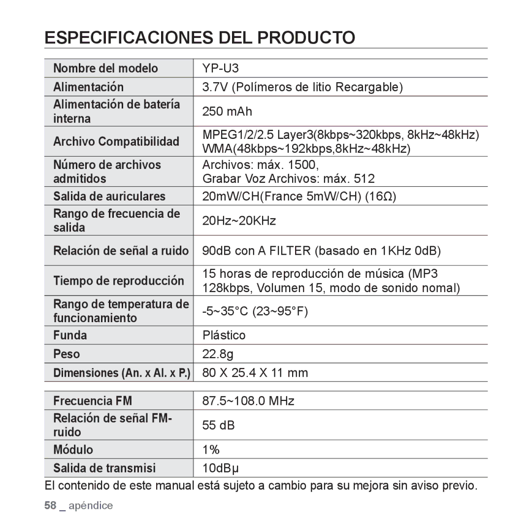 Samsung YP-U3JZG/XET, YP-U3ZB/XET, YP-U3JQL/XET, YP-U3JZP/XET, YP-U3JQW/XET, YP-U3JZL/XET manual Especificaciones DEL Producto 