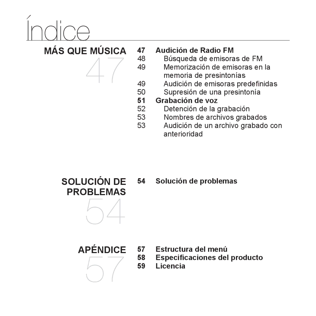 Samsung YP-U3JZB/XET, YP-U3ZB/XET manual MÁS QUE Música 47 Audición de Radio FM, Grabación de voz, Solución de problemas 