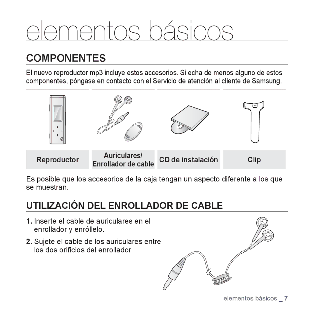 Samsung YP-U3JQB/XET, YP-U3ZB/XET, YP-U3JQL/XET, YP-U3JZP/XET, YP-U3JQW/XET manual Componentes, Reproductor, CD de instalación 