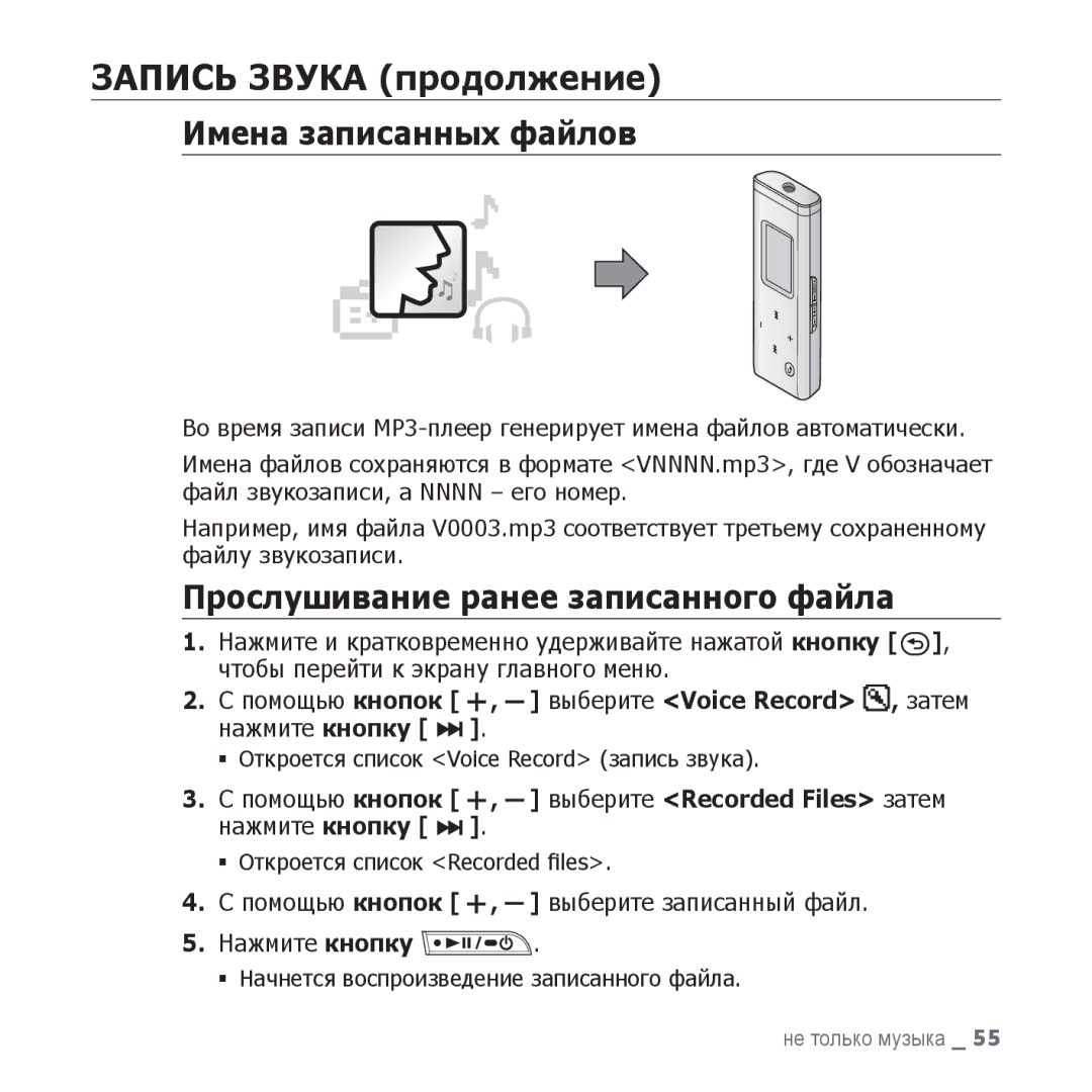 Samsung YP-U3ZG/NWT manual Имена записанных файлов, Прослушивание ранее записанного файла, ƒ Откроется список Recorded ﬁles 