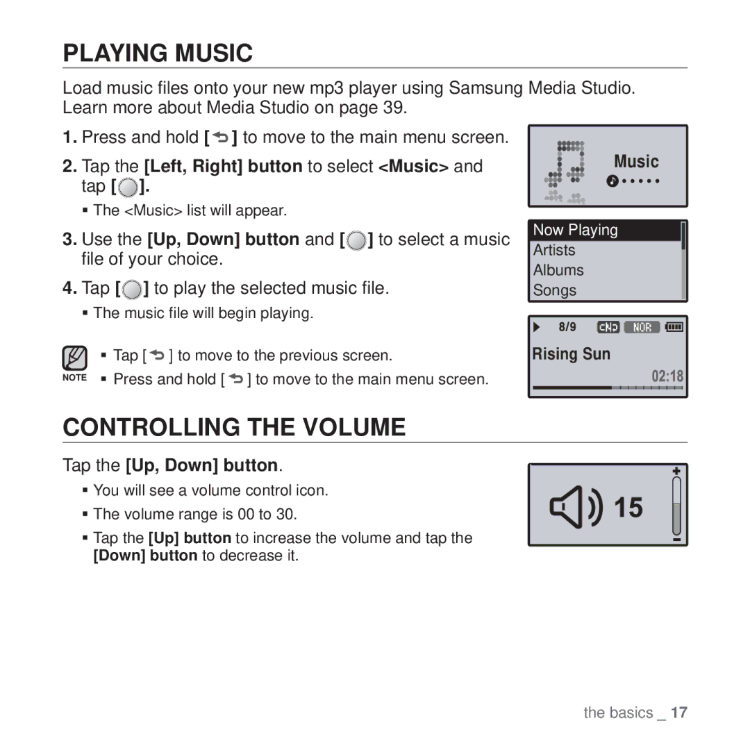 Samsung YP-U4JQU/EDC manual Playing Music, Controlling the Volume, Tap the Left, Right button to select Music and tap 