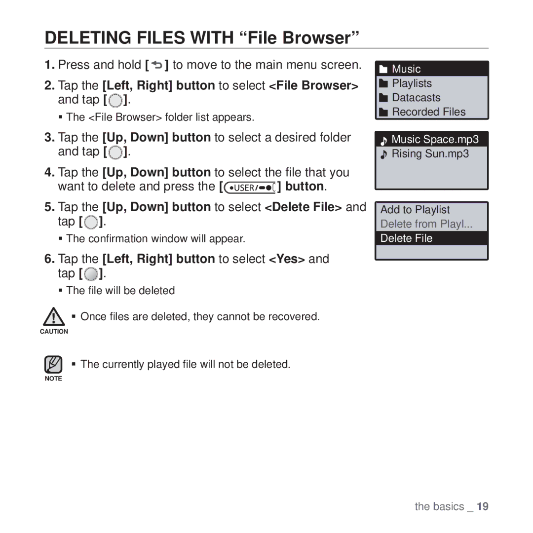 Samsung YP-U4JQB/EDC, YP-U4JAU/EDC Deleting Files with File Browser, Tap the Up, Down button to select Delete File and tap 