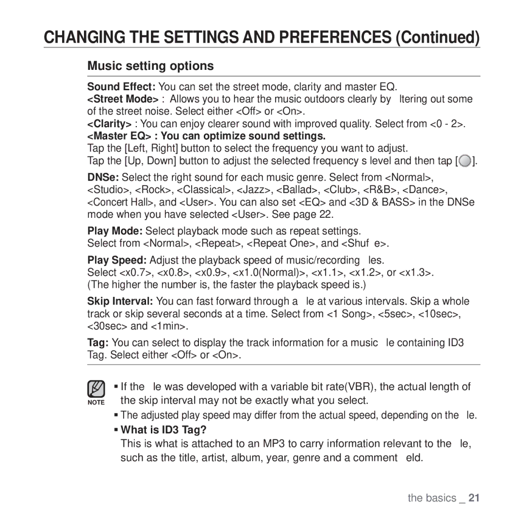 Samsung YP-U4JAU/EDC, YP-U4JQB/XEE, YP-U4JQR/EDC, YP-U4JQU/EDC Changing the Settings and Preferences, Music setting options 