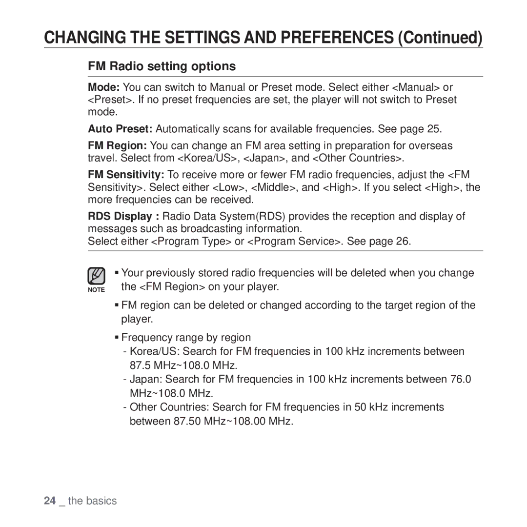 Samsung YP-U4JQU/EDC, YP-U4JAU/EDC, YP-U4JQB/XEE, YP-U4JQR/EDC, YP-U4JAB/EDC, YP-U4JQB/EDC manual FM Radio setting options 