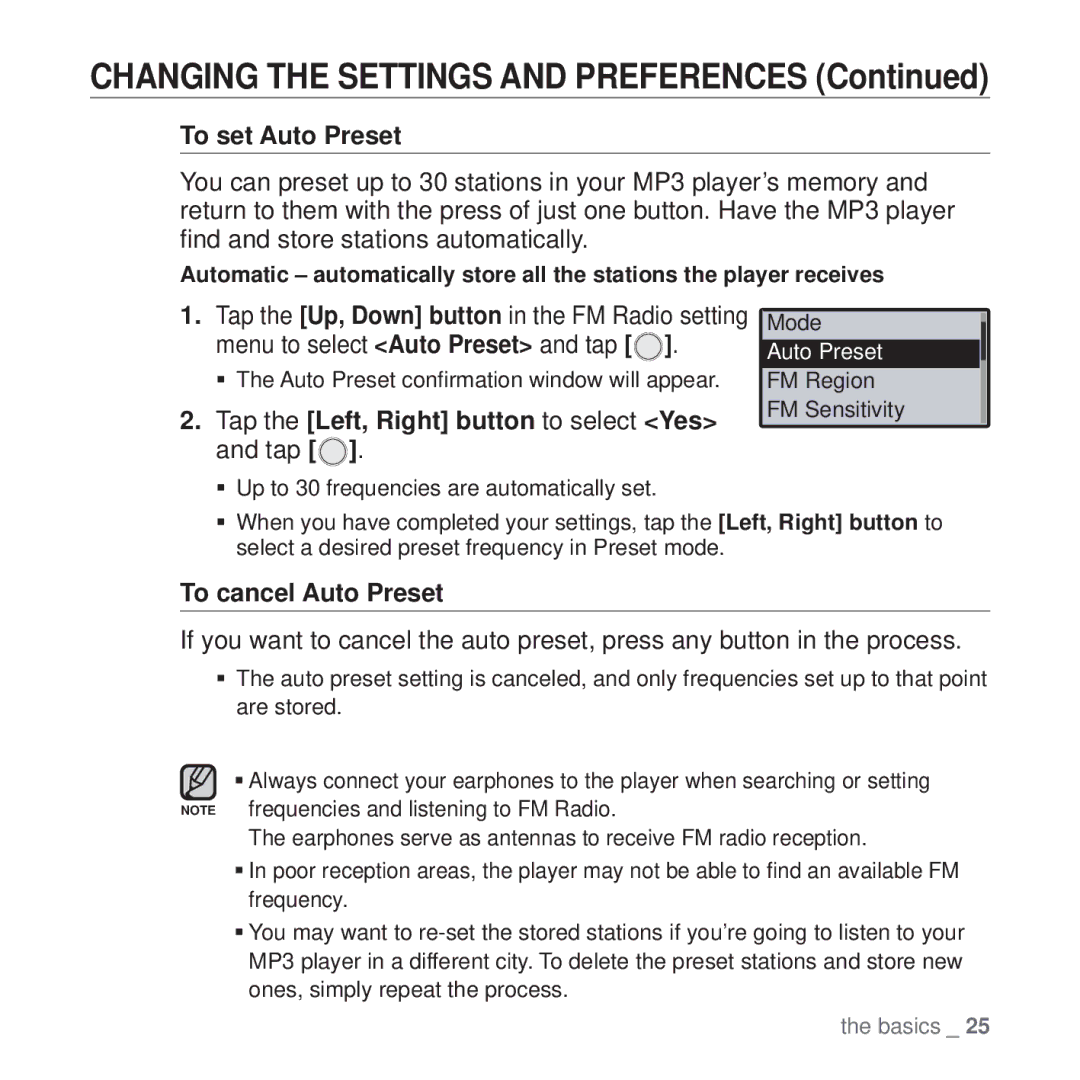 Samsung YP-U4JAB/EDC To set Auto Preset, Menu to select Auto Preset and tap, Tap the Left, Right button to select Yes 