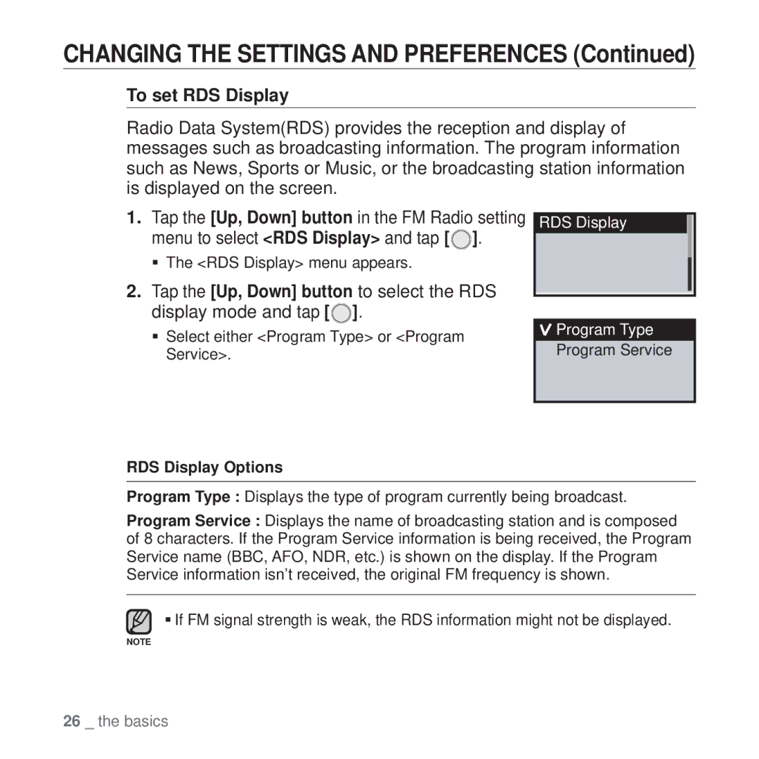 Samsung YP-U4JQB/EDC, YP-U4JAU/EDC, YP-U4JQB/XEE, YP-U4JQR/EDC, YP-U4JQU/EDC manual To set RDS Display, RDS Display Options 