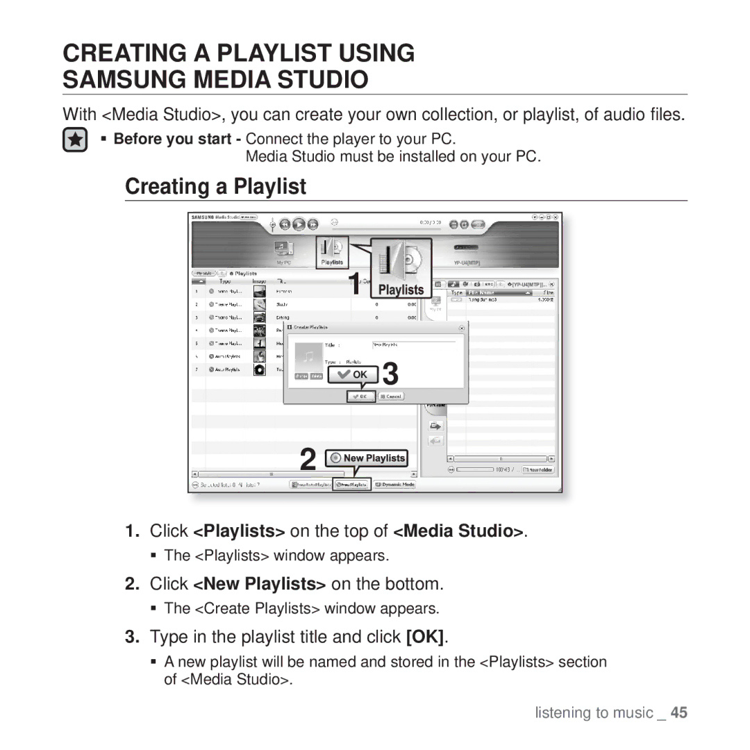 Samsung YP-U4JQU/EDC manual Creating a Playlist Using Samsung Media Studio, Click Playlists on the top of Media Studio 