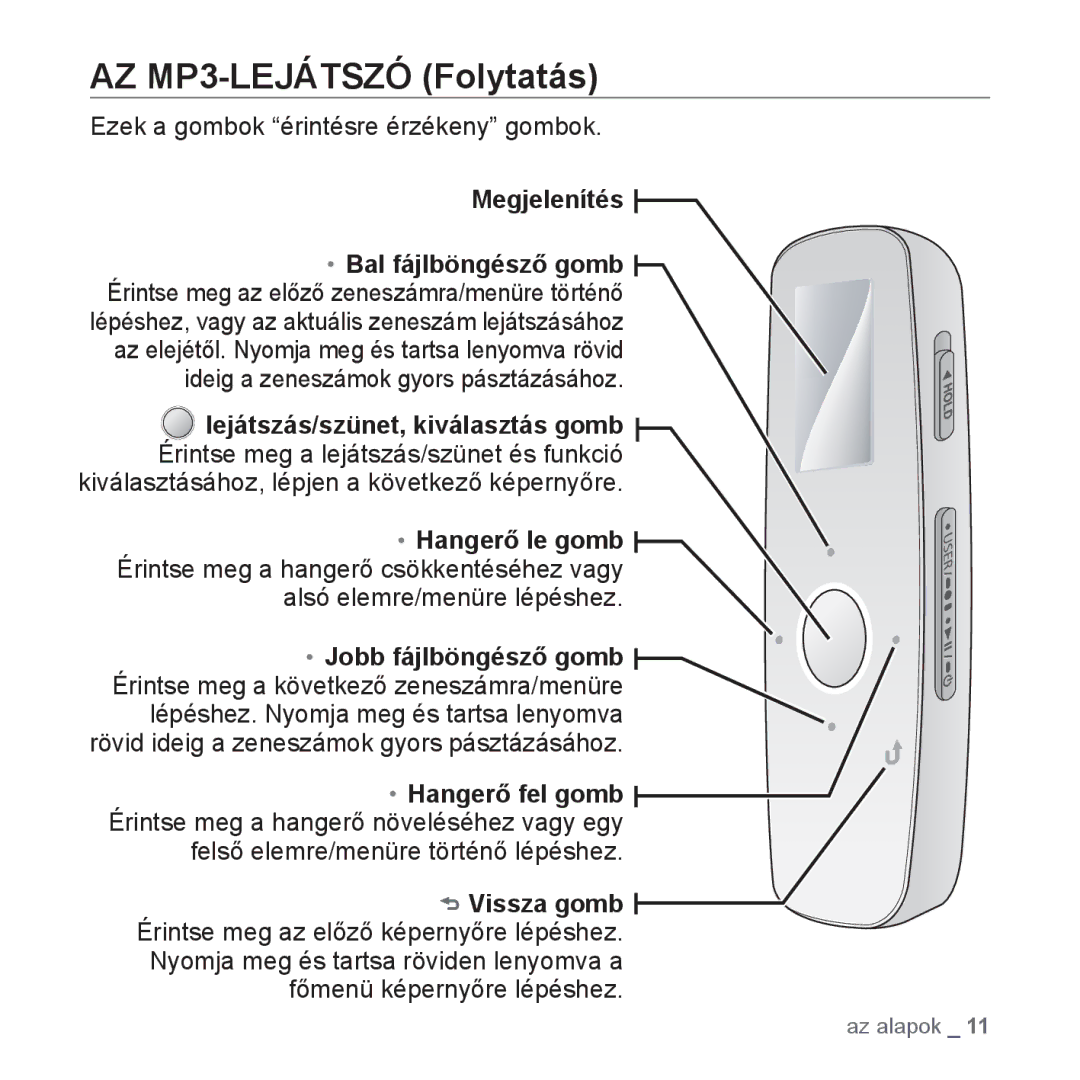 Samsung YP-U4JAR/EDC, YP-U4JAU/EDC, YP-U4JQR/EDC manual AZ MP3-LEJÁTSZÓ Folytatás, Ezek a gombok érintésre érzékeny gombok 