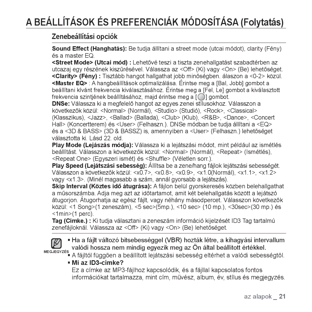 Samsung YP-U4JAB/EDC manual Beállítások ÉS Preferenciák Módosítása Folytatás, Zenebeállítási opciók, ƒ Mi az ID3-címke? 