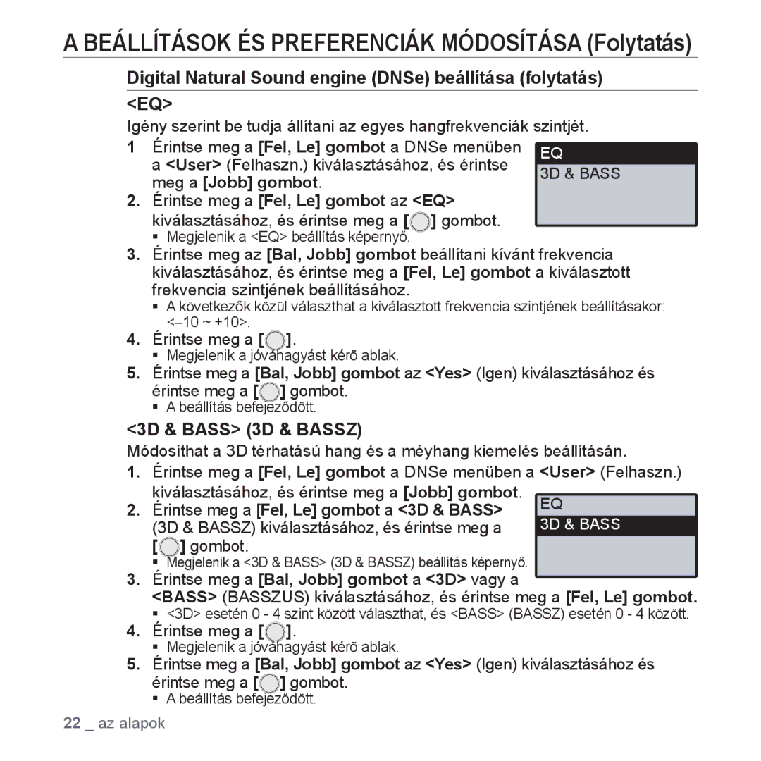 Samsung YP-U4JQB/EDC, YP-U4JAU/EDC manual Digital Natural Sound engine DNSe beállítása folytatás, 3D & Bass 3D & Bassz 