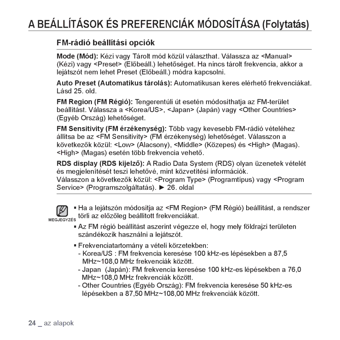 Samsung YP-U4JAU/EDC, YP-U4JQR/EDC, YP-U4JQU/EDC, YP-U4JAB/EDC, YP-U4JQB/EDC, YP-U4JAR/EDC manual FM-rádió beállítási opciók 