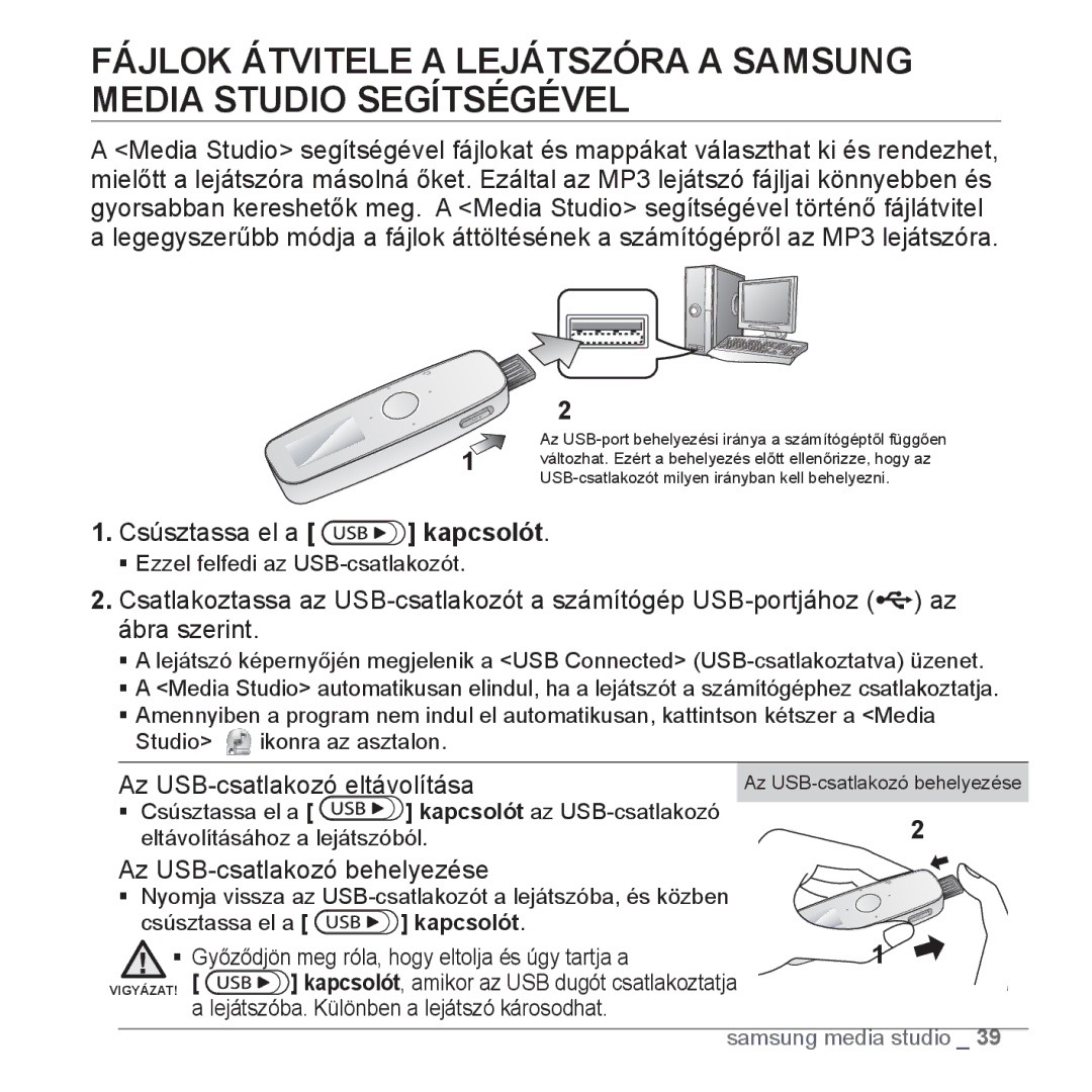 Samsung YP-U4JAB/EDC, YP-U4JAU/EDC, YP-U4JQR/EDC, YP-U4JQU/EDC Az USB-csatlakozó eltávolítása, Az USB-csatlakozó behelyezése 