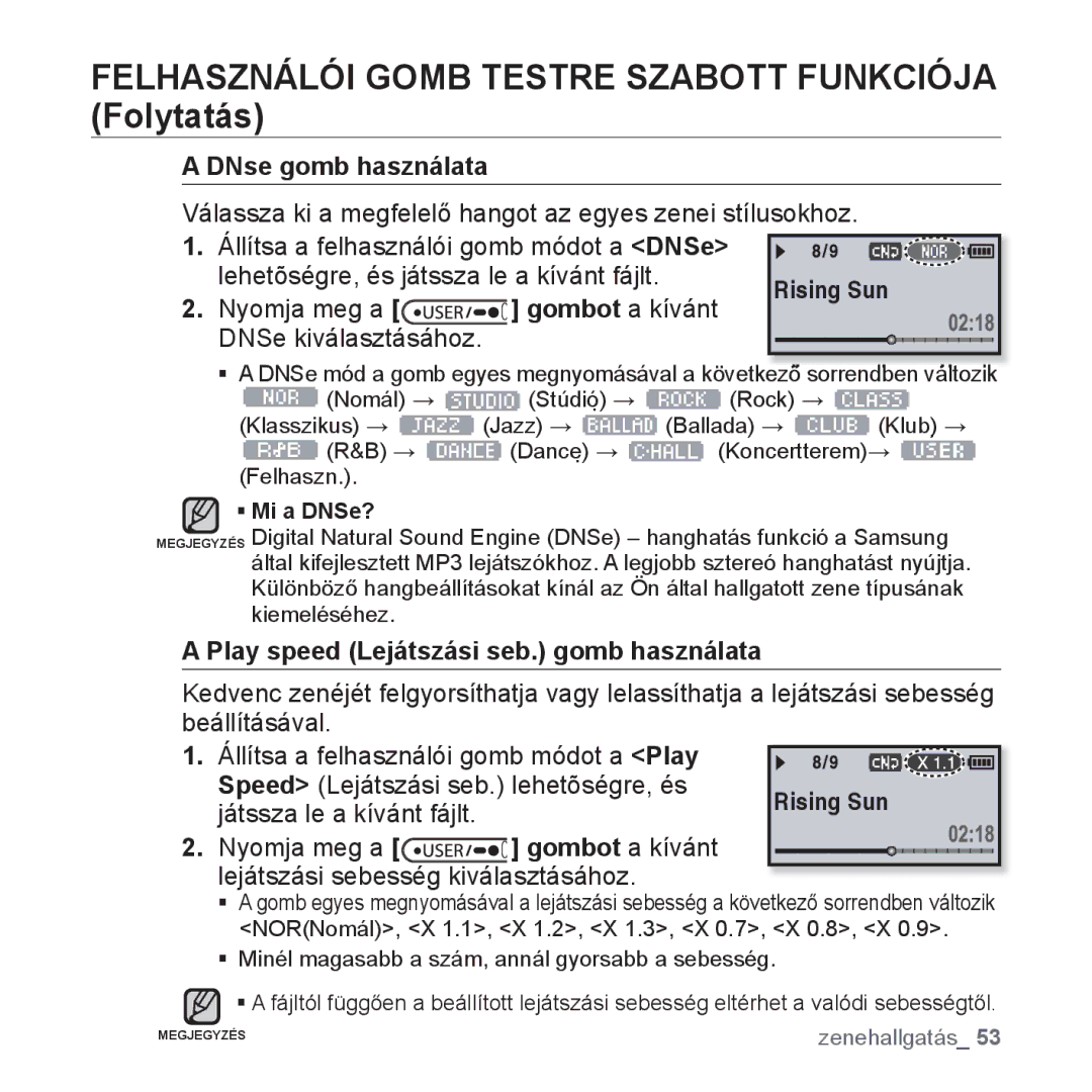 Samsung YP-U4JAR/EDC, YP-U4JAU/EDC manual DNse gomb használata, Gombot a kívánt, Play speed Lejátszási seb. gomb használata 