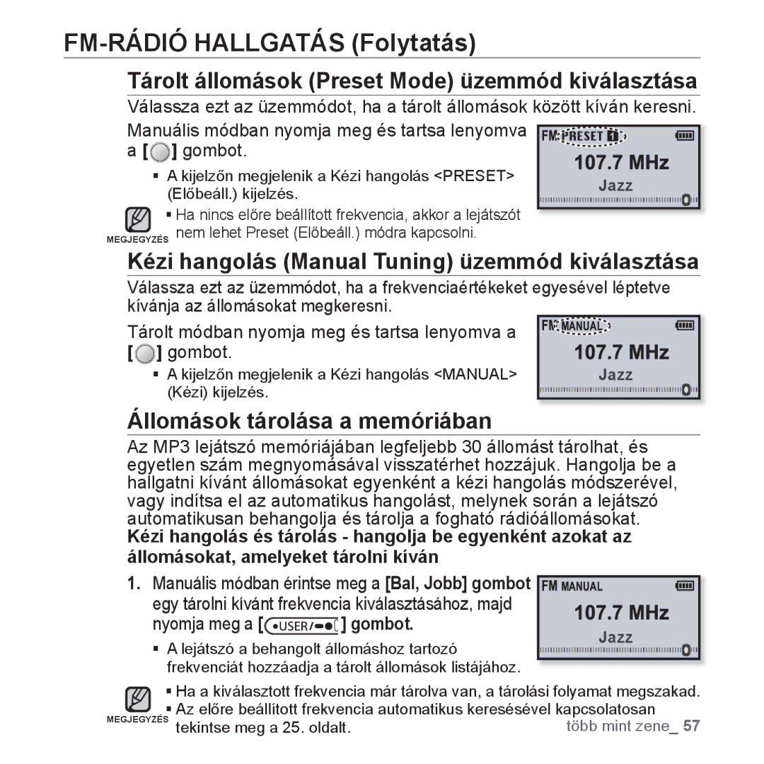 Samsung YP-U4JAB/EDC Tárolt állomások Preset Mode üzemmód kiválasztása, Kézi hangolás Manual Tuning üzemmód kiválasztása 