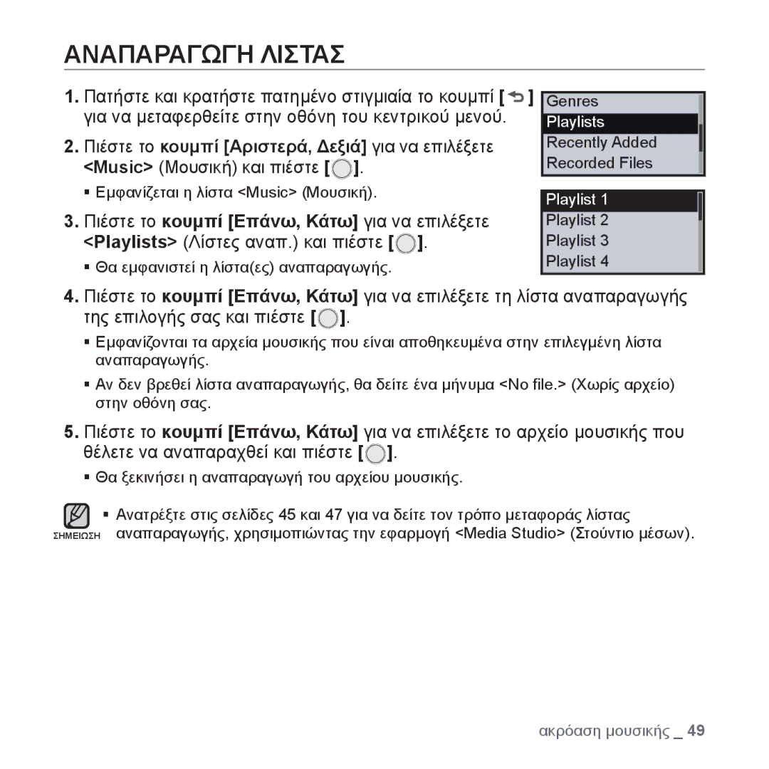 Samsung YP-U4JQU/EDC, YP-U4JQR/EDC, YP-U4JAB/EDC, YP-U4JQB/EDC manual Αναπαραγωγη Λιστασ 