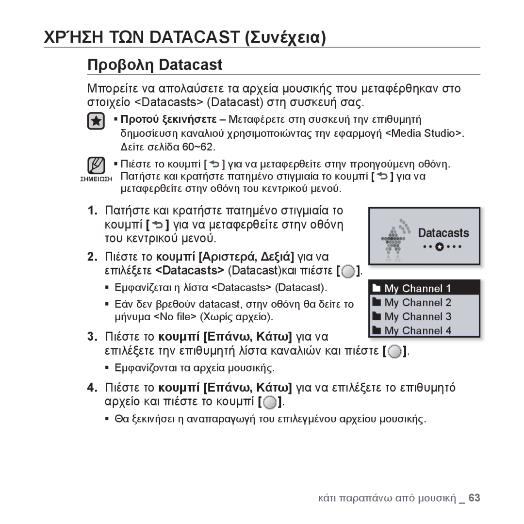 Samsung YP-U4JQB/EDC manual Προβολη Datacast, Του κεντρικού μενού, Επιλέξετε την επιθυμητή λίστα καναλιών και πιέστε 