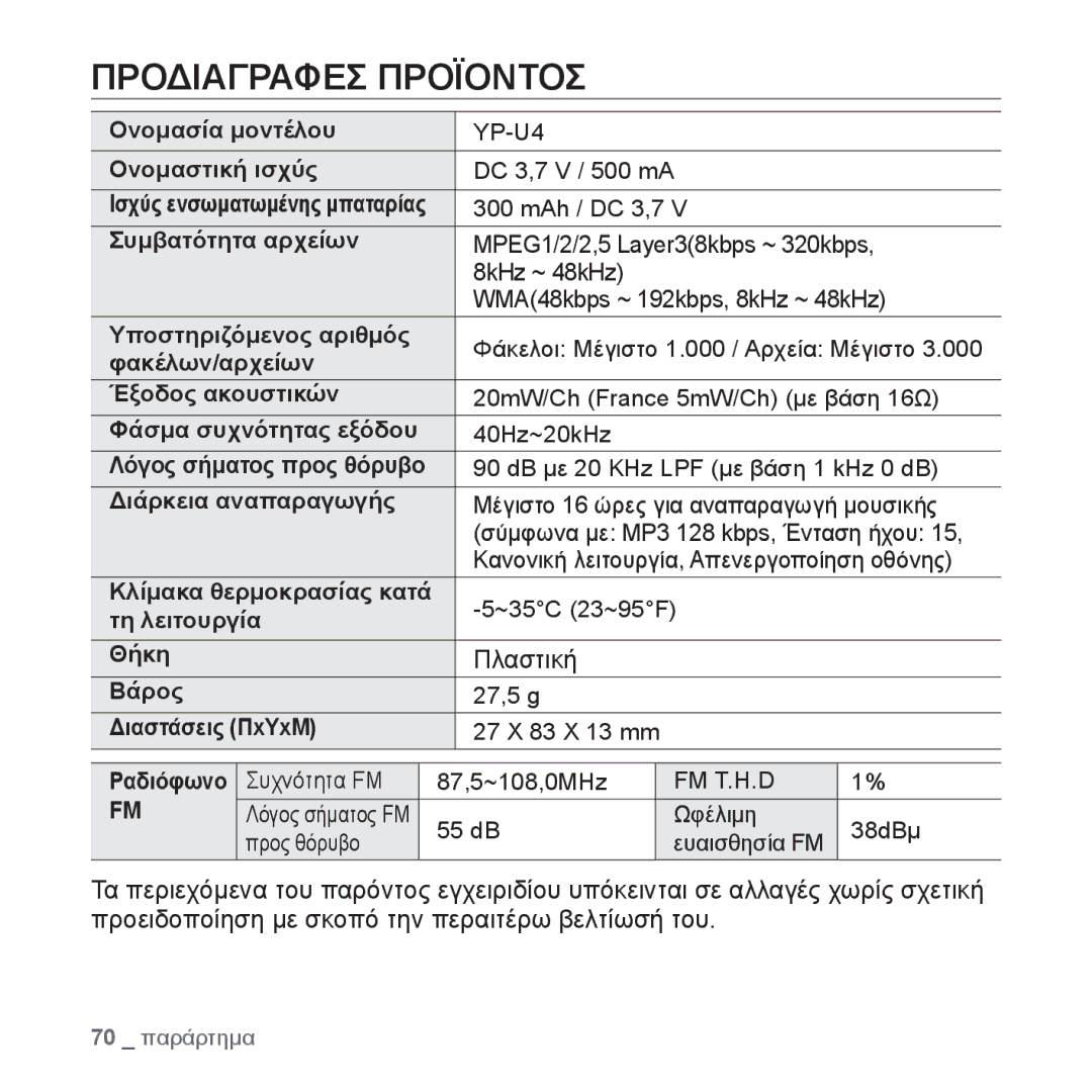 Samsung YP-U4JAB/EDC manual Προδιαγραφεσ Προϊοντοσ, Πλαστική, Λόγος σήματος προς θόρυβο, Ραδιόφωνο, Λόγος σήματος FM 