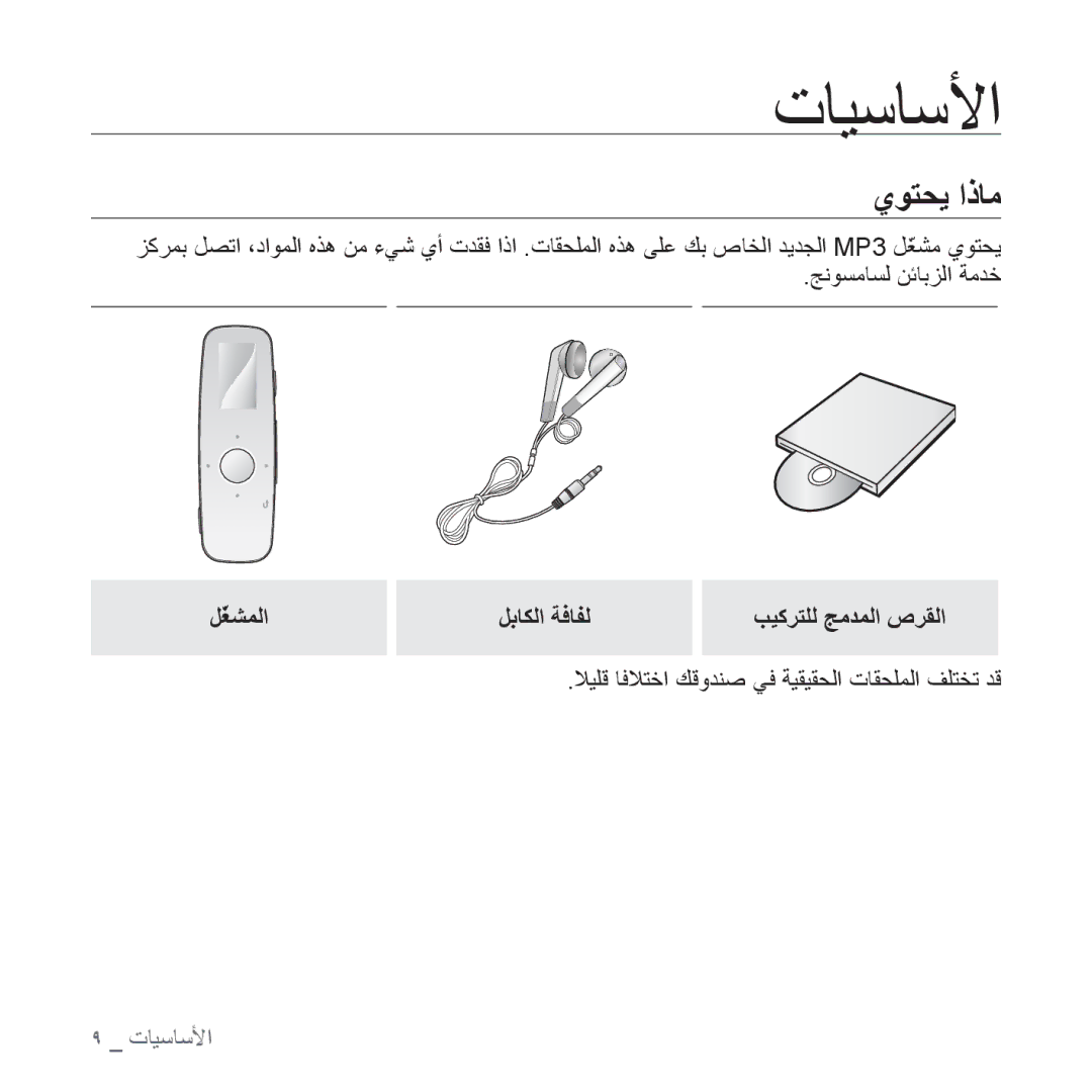 Samsung YP-U4QR/MEA manual ﺕﺎﻴﺳﺎﺳﻷﺍ, ﻱﻮﺘﺤﻳ ﺍﺫﺎﻣ, ﻞّﻐﺸﻤﻟﺍ ﻞﺑﺎﻜﻟﺍ ﺔﻓﺎﻔﻟ, ﻼﻴﻠﻗ ﺎﻓﻼﺘﺧﺍ ﻚﻗﻭﺪﻨﺻ ﻲﻓ ﺔﻴﻘﻴﻘﺤﻟﺍ ﺕﺎﻘﺤﻠﻤﻟﺍ ﻒﻠﺘﺨﺗ ﺪﻗ 