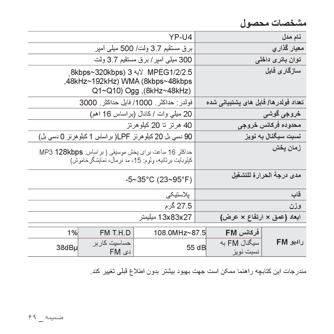 Samsung YP-U4QR/MEA, YP-U4QU/AAW, YP-U4QB/HAC, YP-U4QB/AAW, YP-U4QR/AAW, YP-U4QB/MEA, YP-U4QU/MEA, YP-U4QU/HAC manual ﻝﻮﺼﺤﻣ ﺕﺎﺼﺨﺸﻣ 