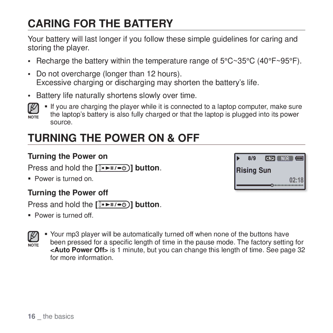 Samsung YP-U4AU/XSV, YP-U4QU/AAW manual Caring for the Battery, Turning the Power on & OFF, Button, Turning the Power off 