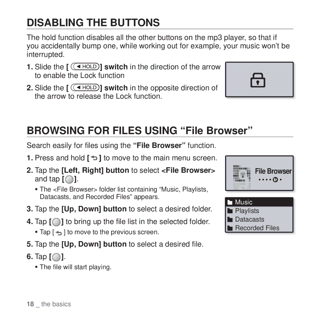 Samsung YP-U4QU/SUN, YP-U4QU/AAW, YP-U4QB/HAC, YP-U4QB/AAW manual Disabling the Buttons, Browsing for Files Using File Browser 