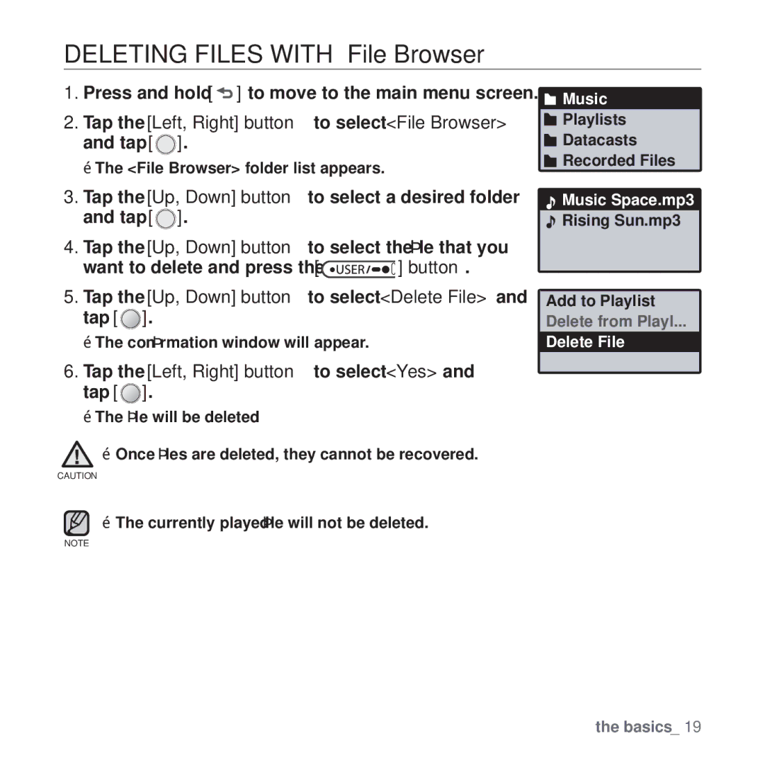 Samsung YP-U4QB/SUN, YP-U4QU/AAW Deleting Files with File Browser, Tap the Up, Down button to select Delete File and tap 