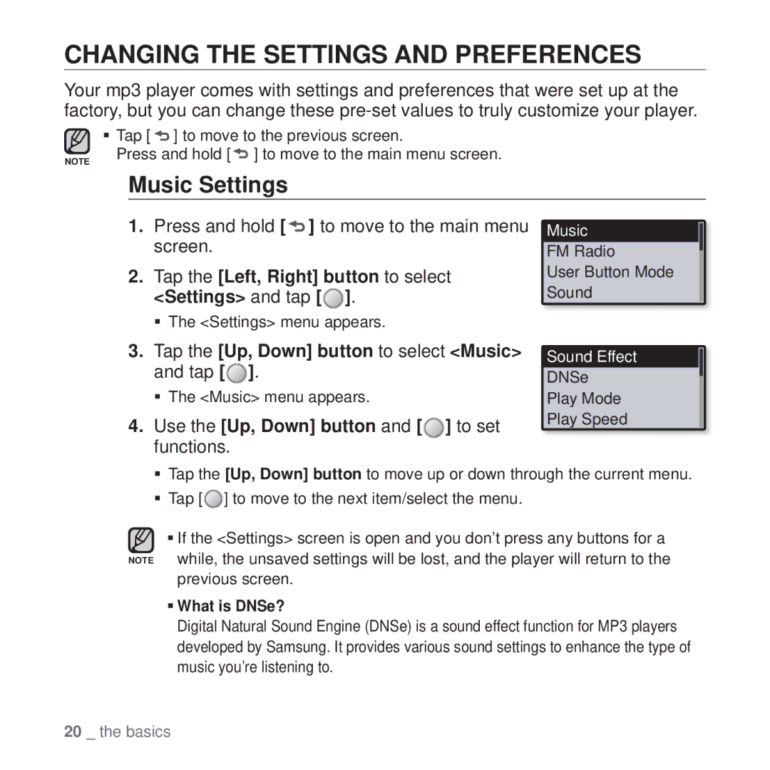 Samsung YP-U4QR/SUN Changing the Settings and Preferences, Music Settings, Tap the Up, Down button to select Music and tap 