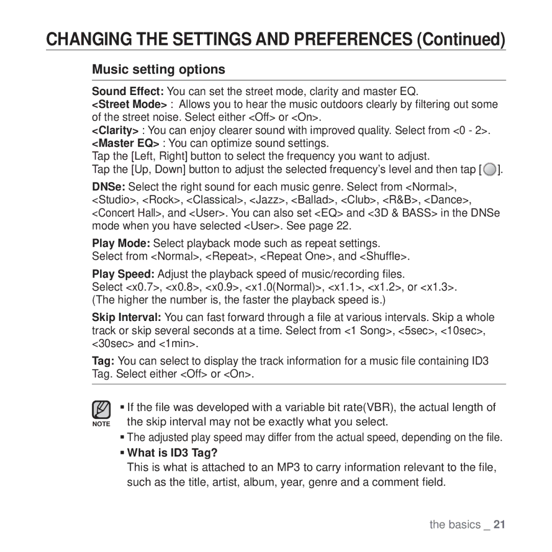 Samsung YP-U4QU/AAW, YP-U4QB/HAC, YP-U4QB/AAW, YP-U4QR/AAW manual Changing the Settings and Preferences, Music setting options 