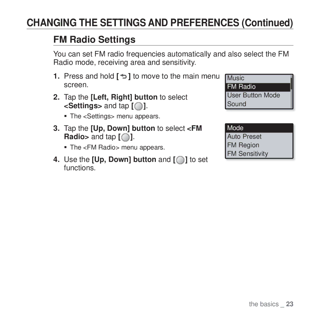 Samsung YP-U4QB/AAW, YP-U4QU/AAW, YP-U4QB/HAC manual FM Radio Settings, Tap the Up, Down button to select FM Radio and tap 