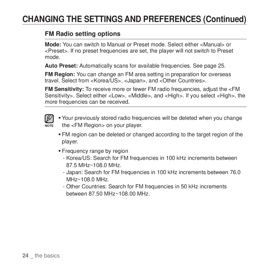 Samsung YP-U4QR/AAW, YP-U4QU/AAW, YP-U4QB/HAC, YP-U4QB/AAW, YP-U4QB/MEA, YP-U4QU/MEA, YP-U4QU/HAC manual FM Radio setting options 