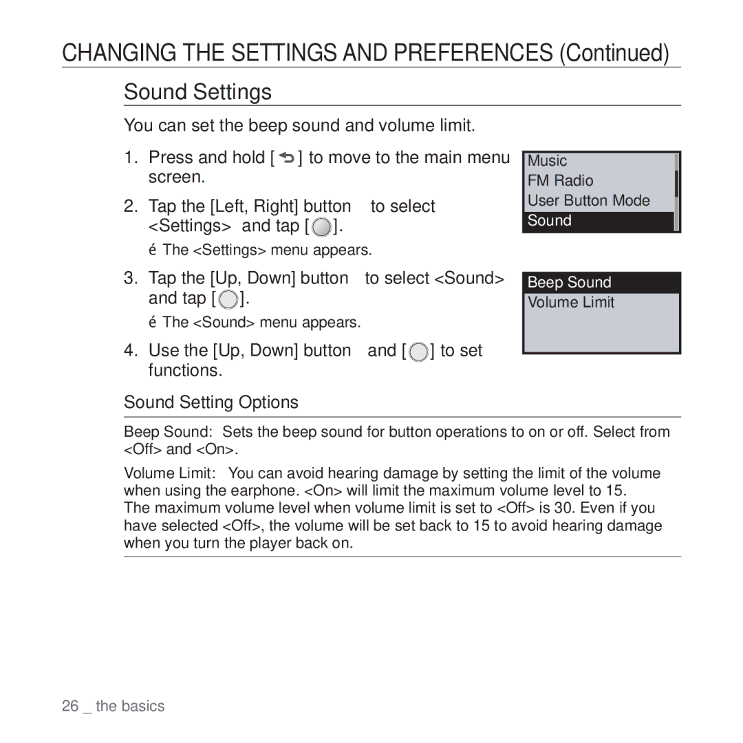 Samsung YP-U4QU/MEA, YP-U4QU/AAW, YP-U4QB/HAC, YP-U4QB/AAW Sound Settings, Tap the Up, Down button to select Sound and tap 