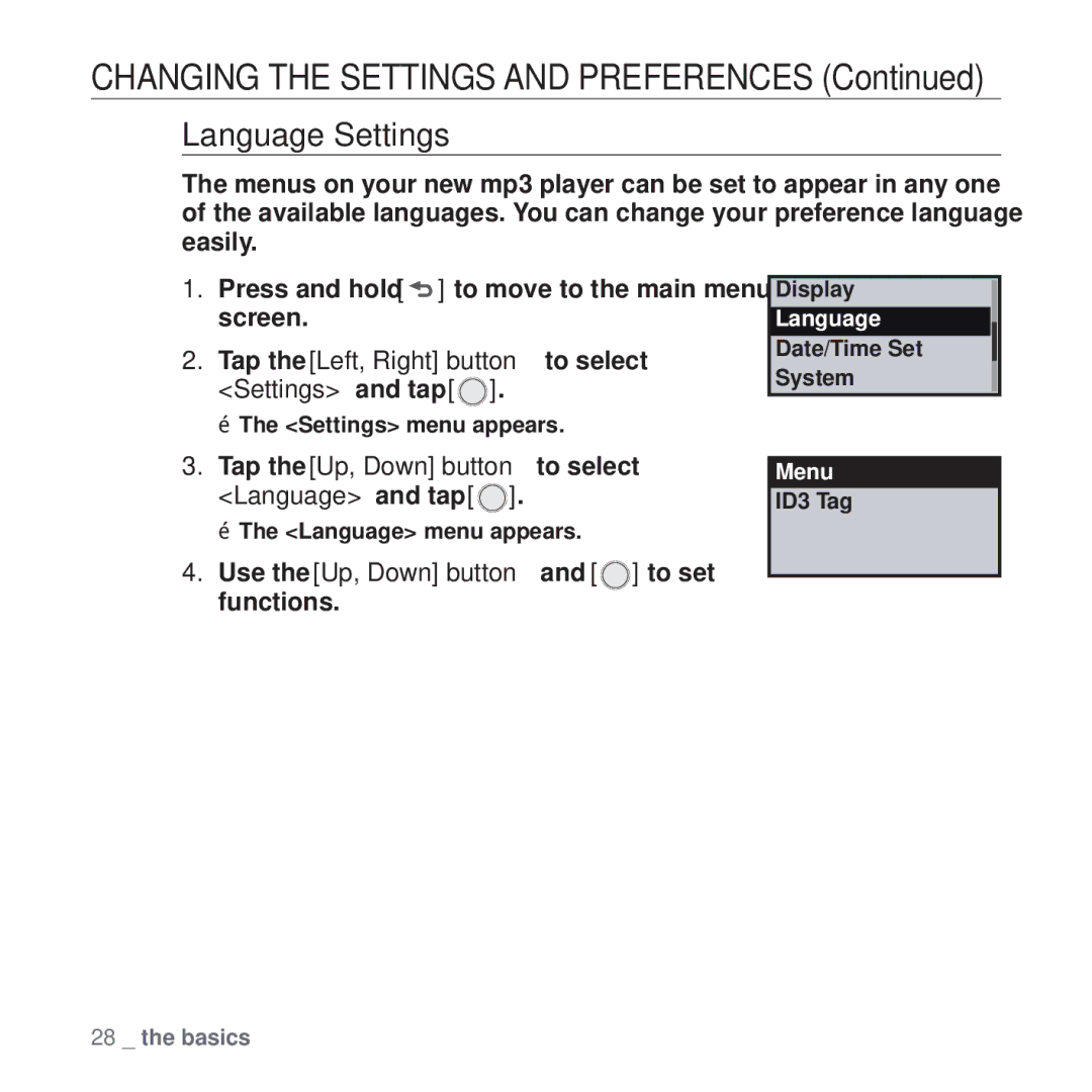 Samsung YP-U4AB/MEA, YP-U4QU/AAW, YP-U4QB/HAC manual Language Settings, Tap the Up, Down button to select Language and tap 