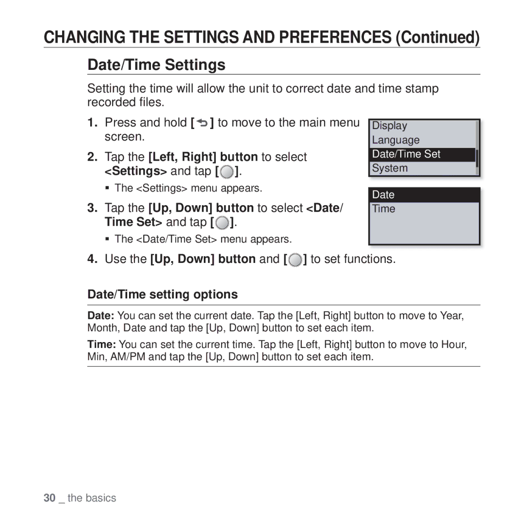 Samsung YP-U4QR/MEA, YP-U4QU/AAW, YP-U4QB/HAC Date/Time Settings, Tap the Up, Down button to select Date/ Time Set and tap 