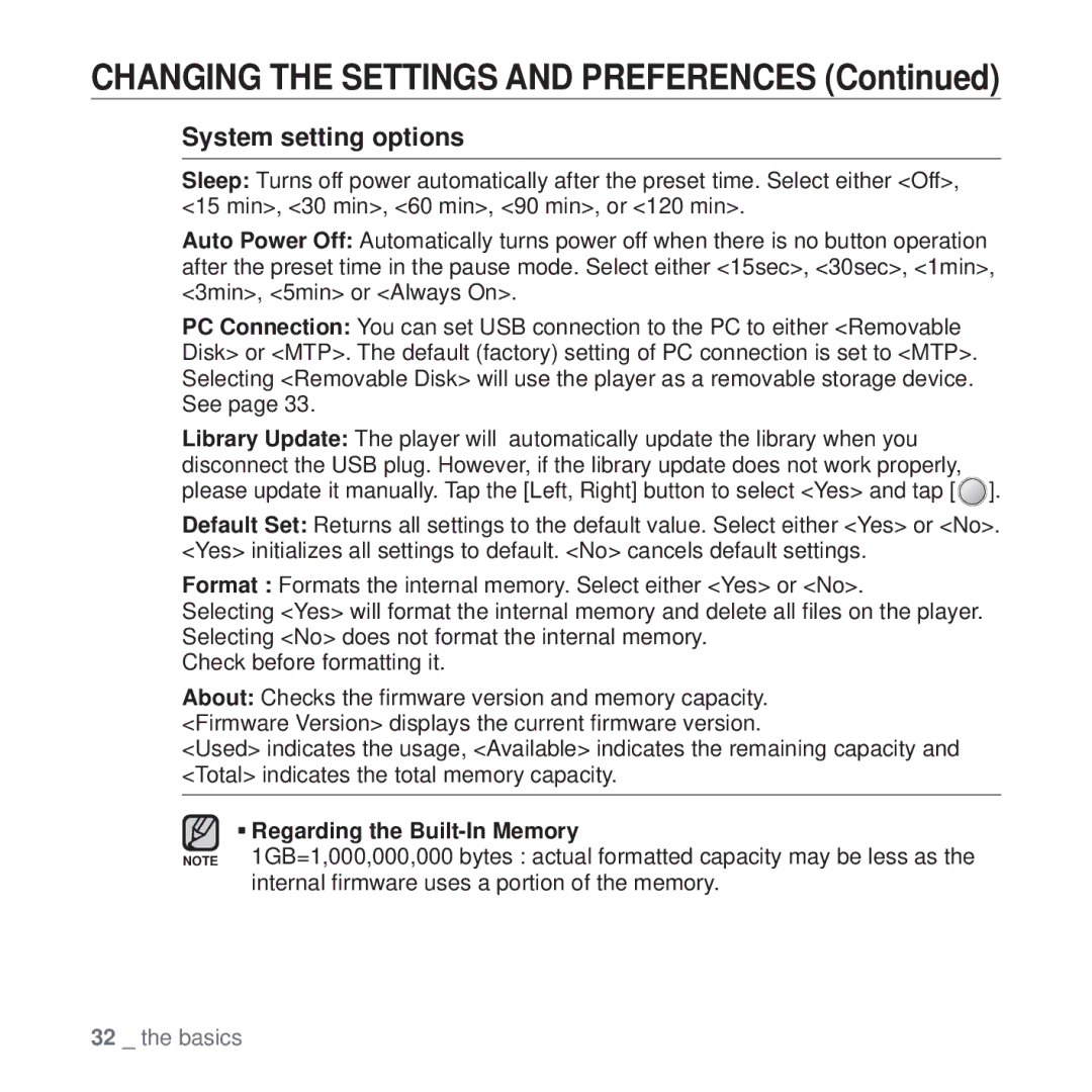 Samsung YP-U4AR/MEA, YP-U4QU/AAW, YP-U4QB/HAC, YP-U4QB/AAW, YP-U4QR/AAW, YP-U4QB/MEA, YP-U4QU/MEA manual System setting options 