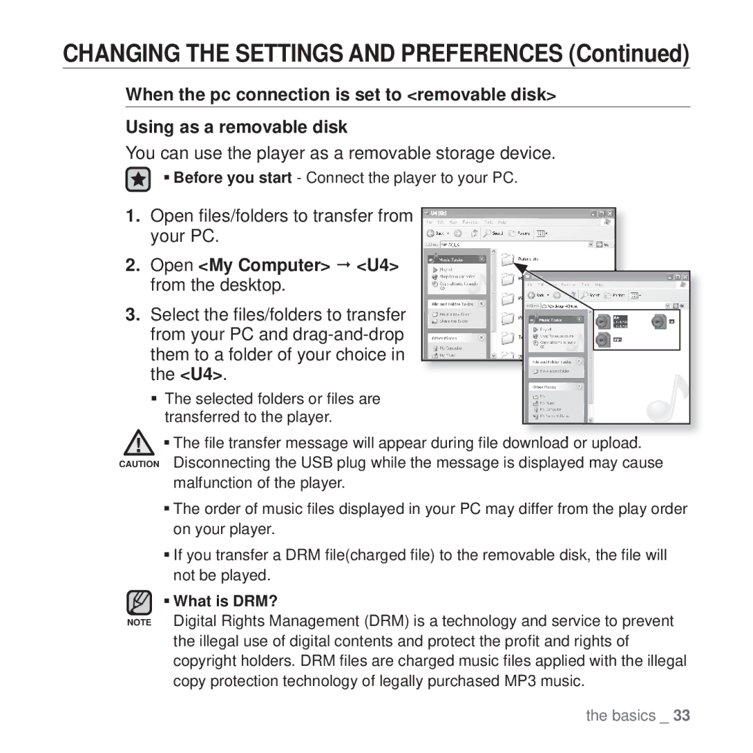 Samsung YP-U4QR/XSV manual You can use the player as a removable storage device, Open ﬁles/folders to transfer from your PC 