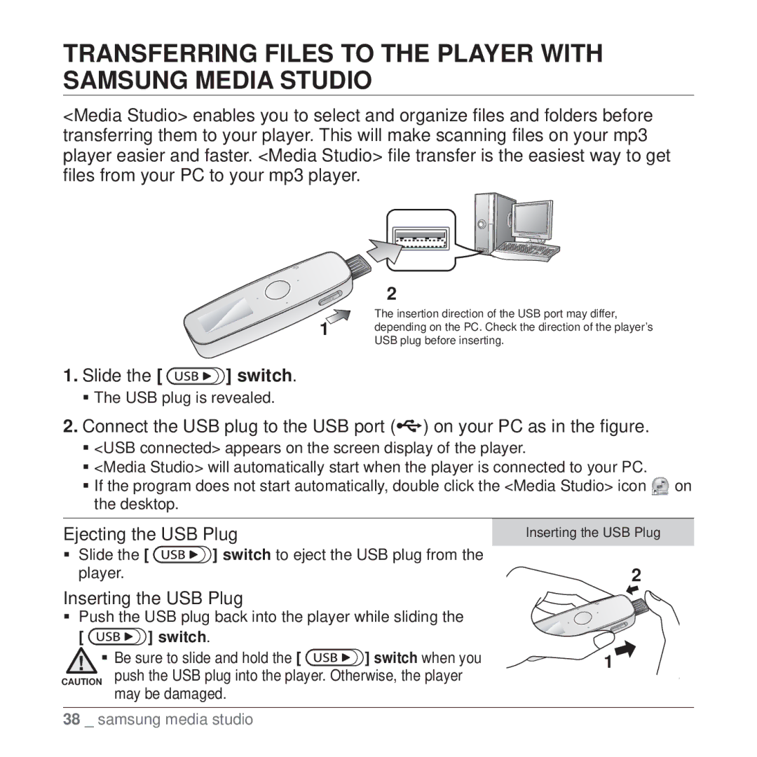 Samsung YP-U4QU/XSV, YP-U4QU/AAW manual Transferring Files to the Player with Samsung Media Studio, Ejecting the USB Plug 