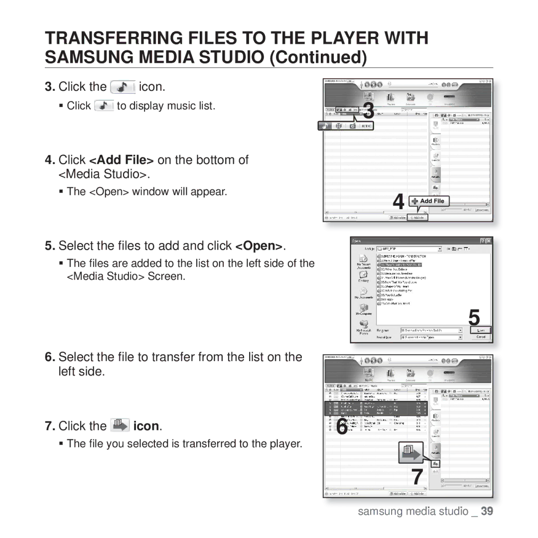 Samsung YP-U4QU/SUN, YP-U4QU/AAW, YP-U4QB/HAC Transferring Files to the Player with Samsung Media Studio, Click the icon 