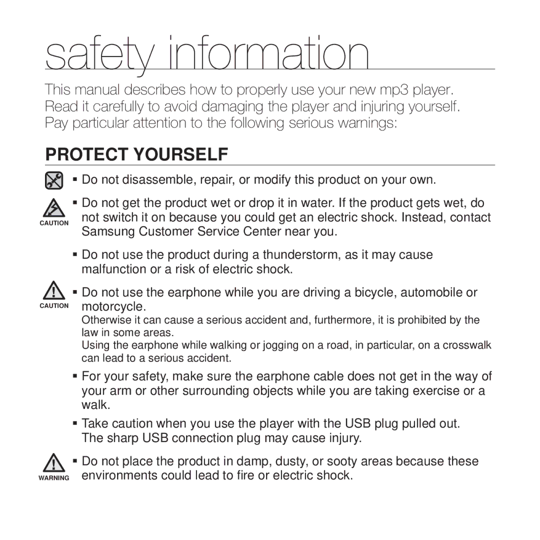 Samsung YP-U4QB/MEA, YP-U4QU/AAW, YP-U4QB/HAC, YP-U4QB/AAW, YP-U4QR/AAW, YP-U4QU/MEA, YP-U4QU/HAC, YP-U4AB/MEA Protect Yourself 