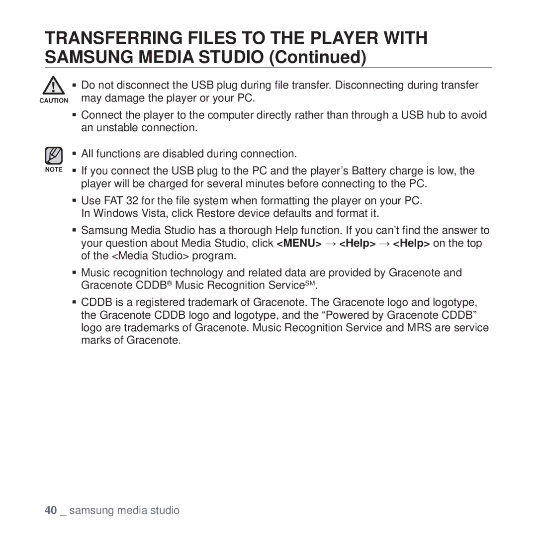 Samsung YP-U4QB/SUN, YP-U4QU/AAW, YP-U4QB/HAC, YP-U4QB/AAW manual Transferring Files to the Player with Samsung Media Studio 