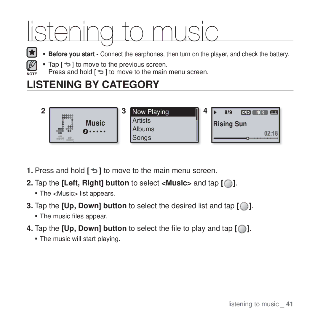 Samsung YP-U4QR/SUN Listening to music, Listening by Category, Tap the Up, Down button to select the desired list and tap 