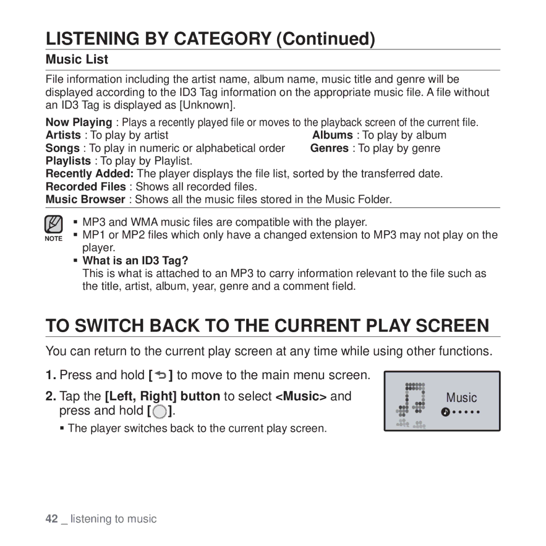 Samsung YP-U4QU/AAW, YP-U4QB/HAC, YP-U4QB/AAW Listening by Category, To Switch Back to the Current Play Screen, Music List 