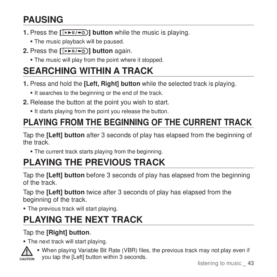 Samsung YP-U4QB/HAC, YP-U4QU/AAW Pausing, Searching Within a Track, Playing the Previous Track, Playing the Next Track 