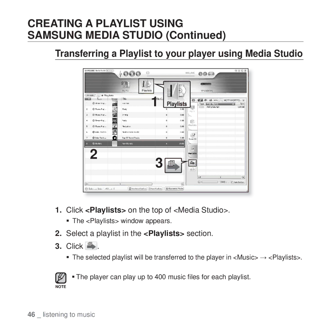 Samsung YP-U4QB/MEA Transferring a Playlist to your player using Media Studio, Click Playlists on the top of Media Studio 