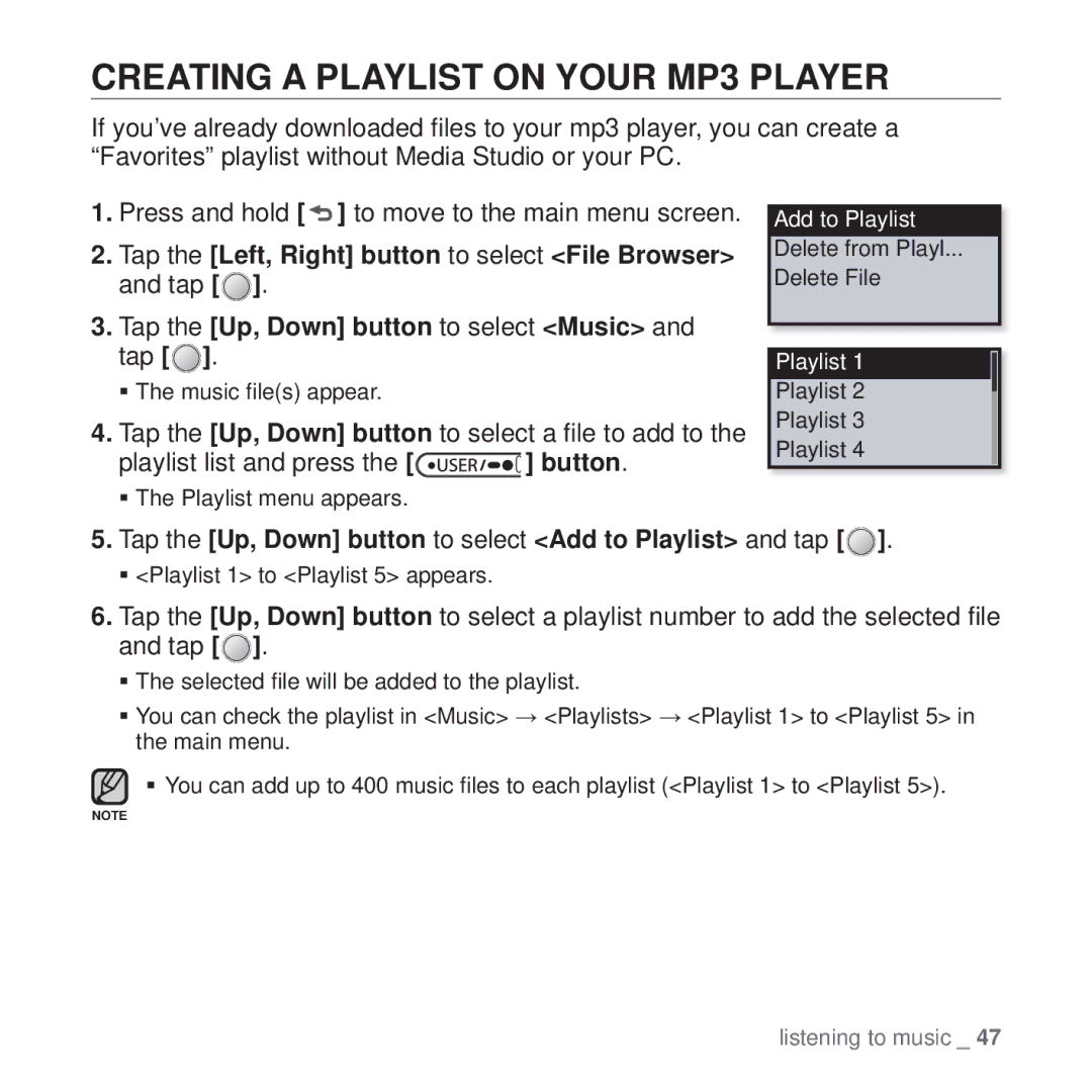 Samsung YP-U4QU/MEA Creating a Playlist on Your MP3 Player, Tap the Up, Down button to select Add to Playlist and tap 