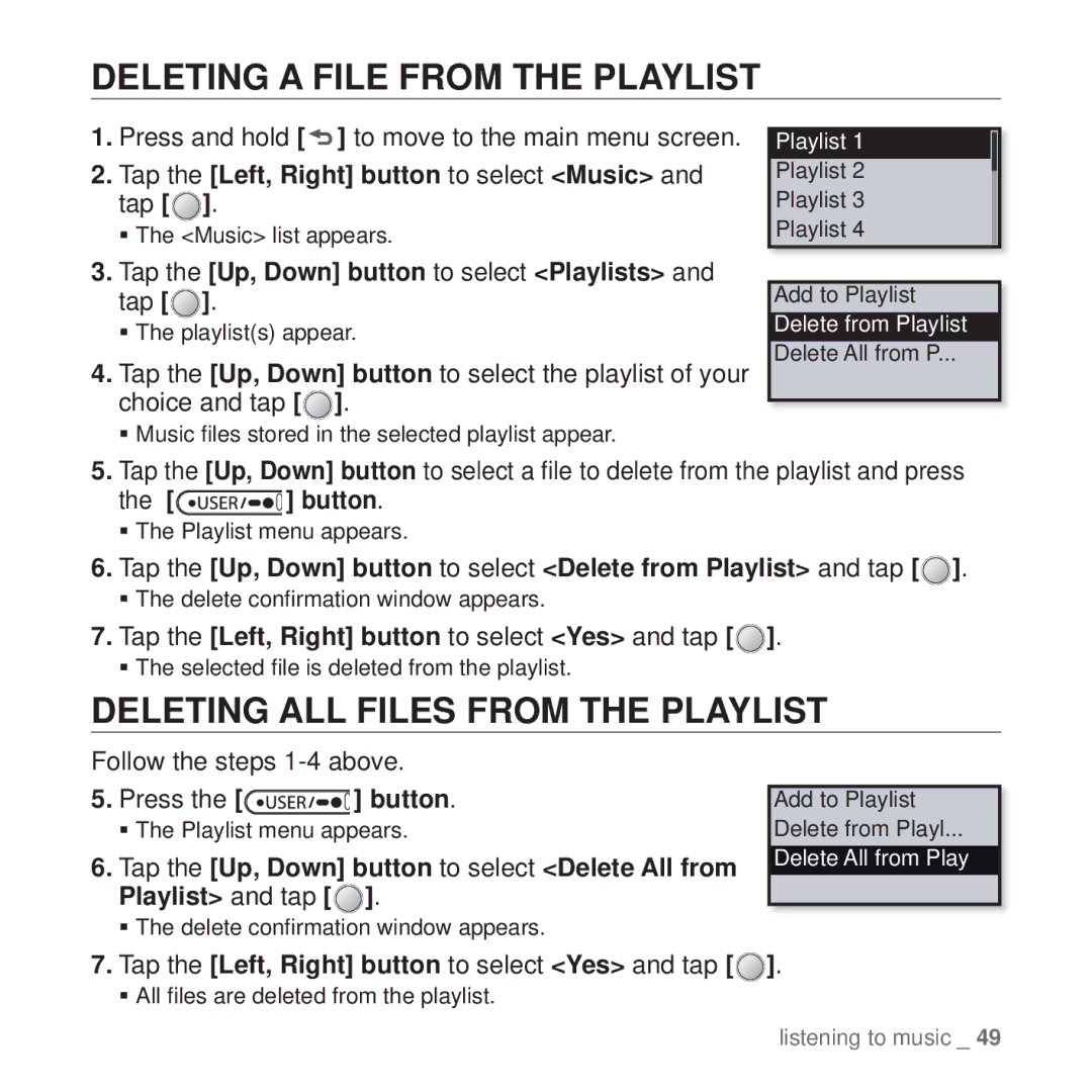 Samsung YP-U4AB/MEA, YP-U4QU/AAW, YP-U4QB/HAC manual Deleting a File from the Playlist, Deleting ALL Files from the Playlist 