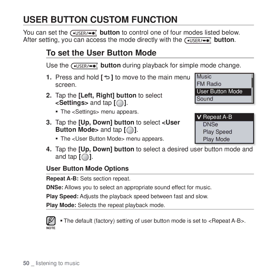 Samsung YP-U4AU/MEA, YP-U4QU/AAW manual User Button Custom Function, To set the User Button Mode, User Button Mode Options 